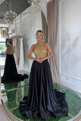 Black A Line Prom Dress Sleeveless High Neck Beaded Evening Dress