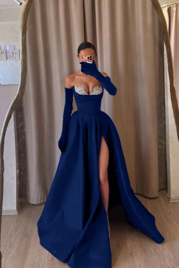 Black A Line Prom Dress Sleeveless Sweetheart Beaded Evening Dress