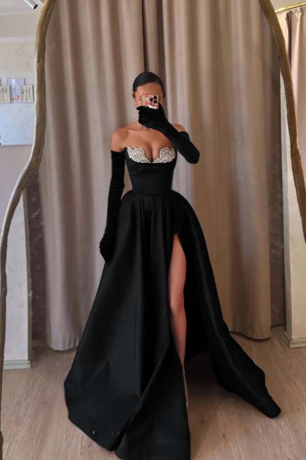 Black A Line Prom Dress Sleeveless Sweetheart Beaded Evening Dress