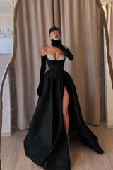 Black A Line Prom Dress Sleeveless Sweetheart Beaded Evening Dress