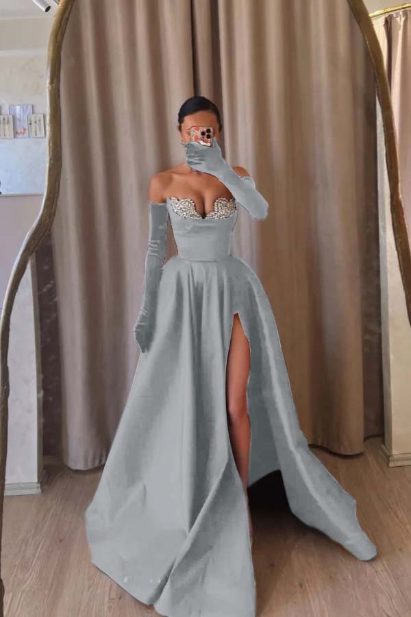 Black A Line Prom Dress Sleeveless Sweetheart Beaded Evening Dress