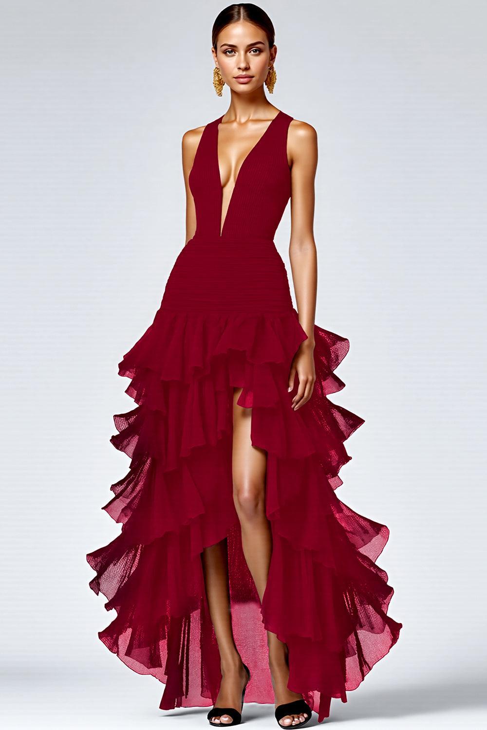 Black A Line V-Neck Tiered Sleeveless Long Prom Dress With Slit