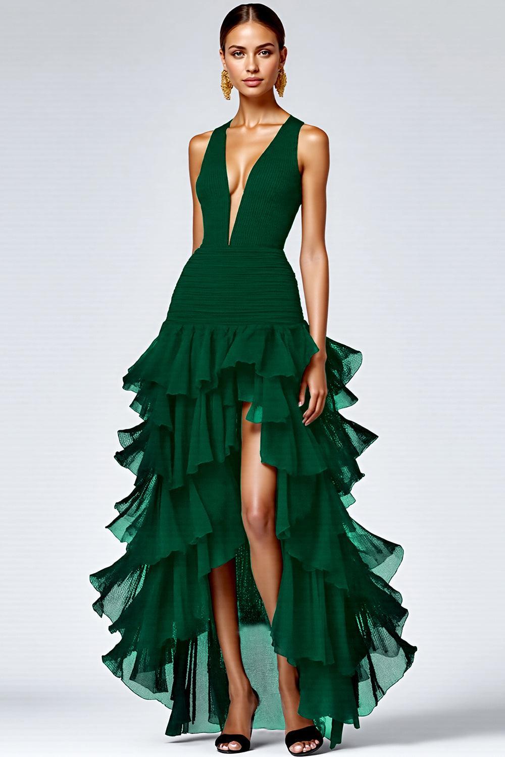 Black A Line V-Neck Tiered Sleeveless Long Prom Dress With Slit
