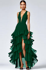 Black A Line V-Neck Tiered Sleeveless Long Prom Dress With Slit