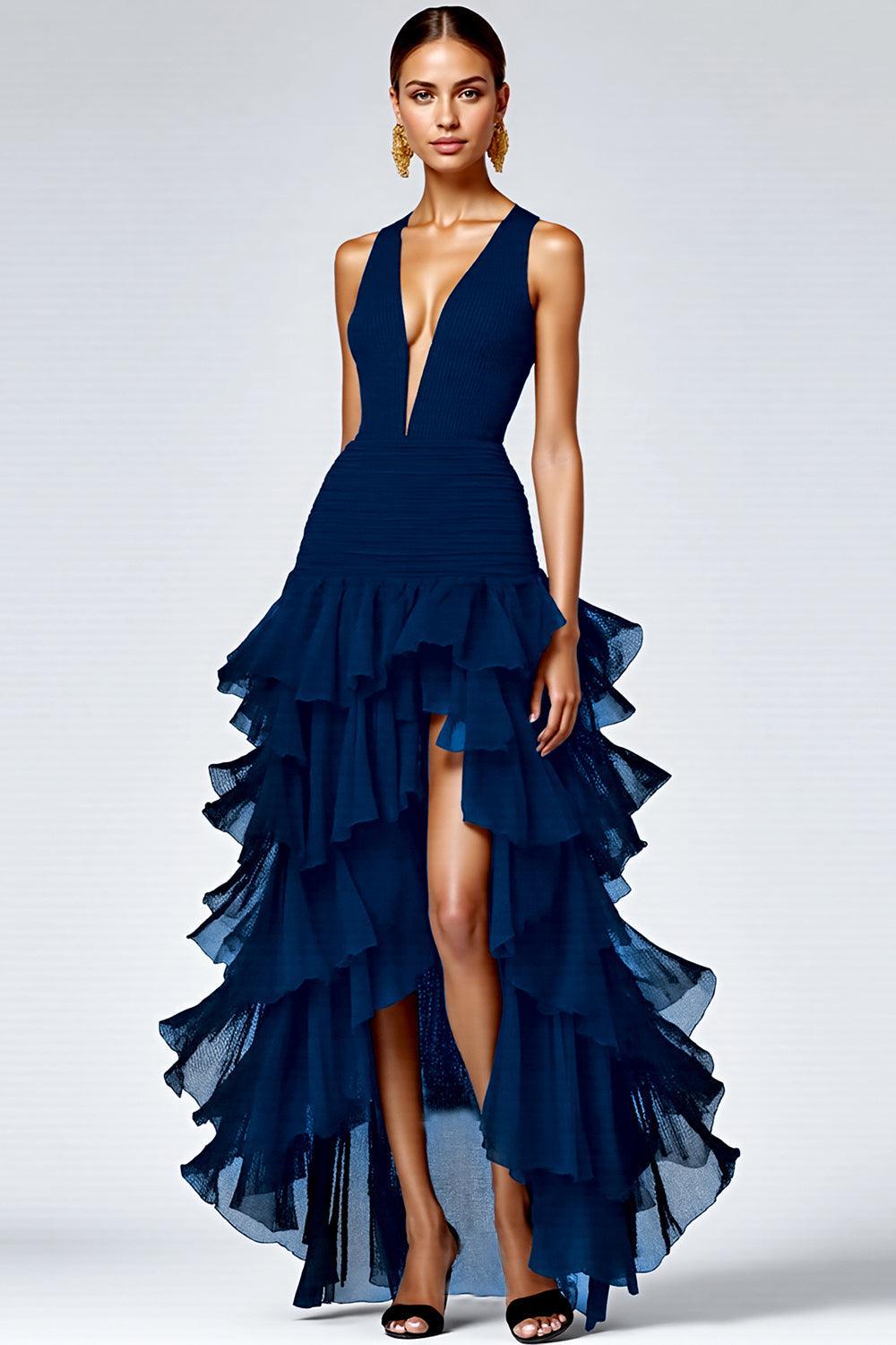 Black A Line V-Neck Tiered Sleeveless Long Prom Dress With Slit