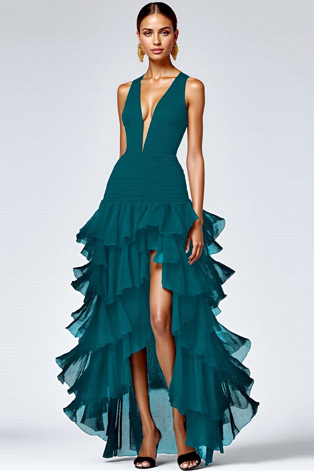 Black A Line V-Neck Tiered Sleeveless Long Prom Dress With Slit