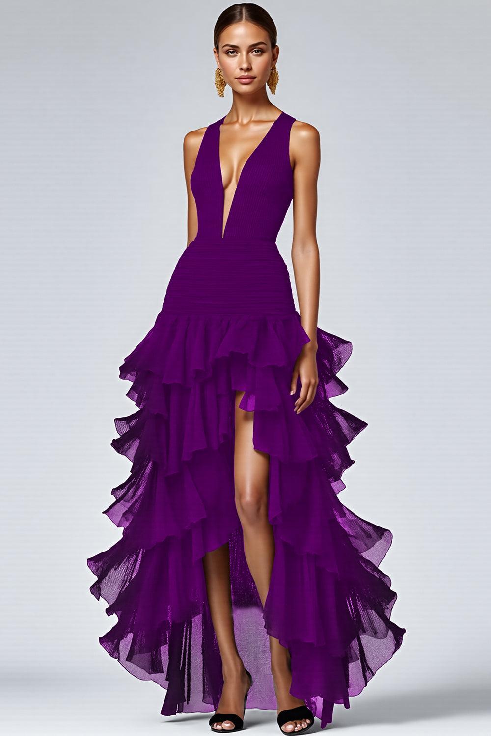 Black A Line V-Neck Tiered Sleeveless Long Prom Dress With Slit