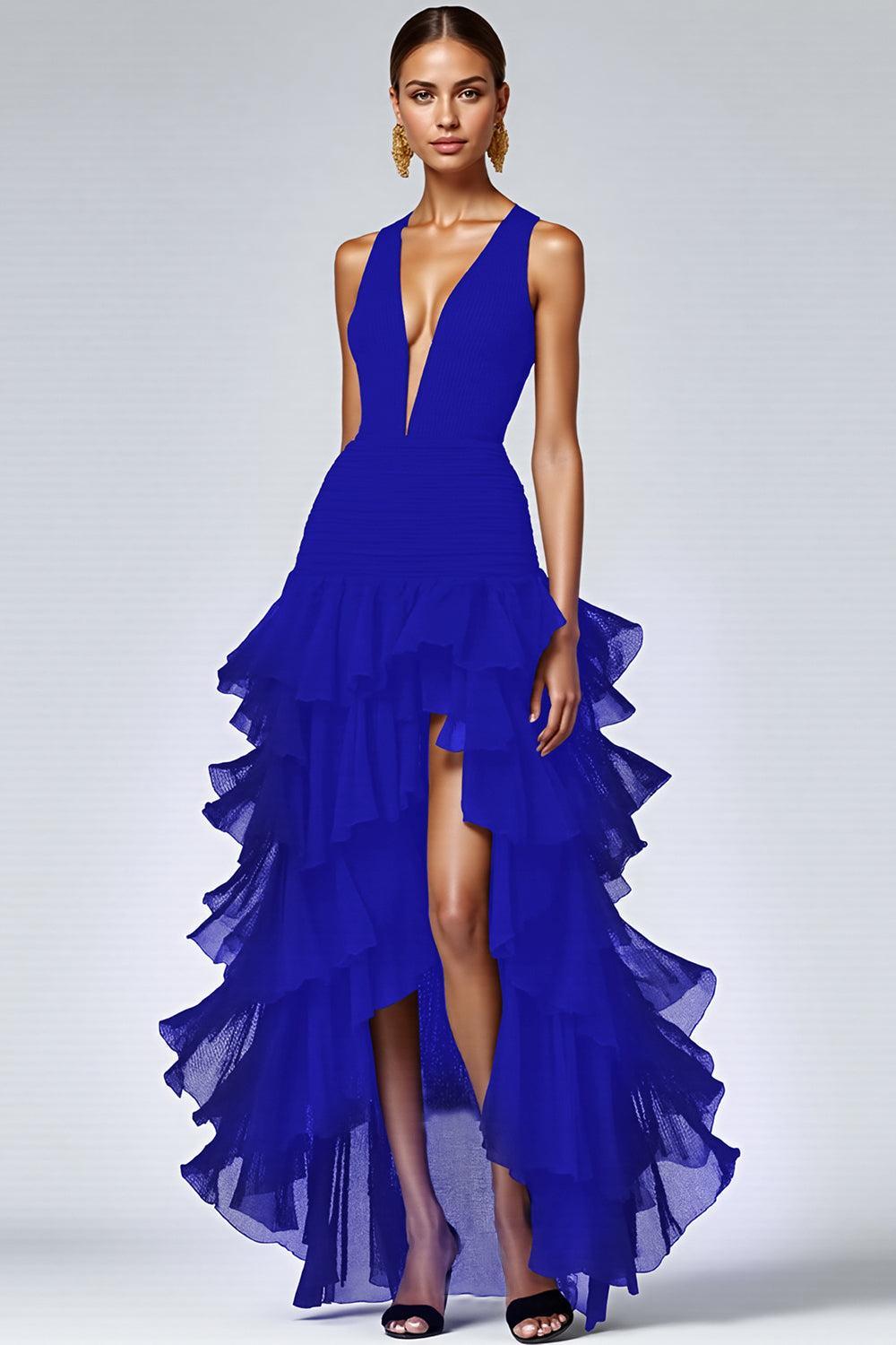 Black A Line V-Neck Tiered Sleeveless Long Prom Dress With Slit
