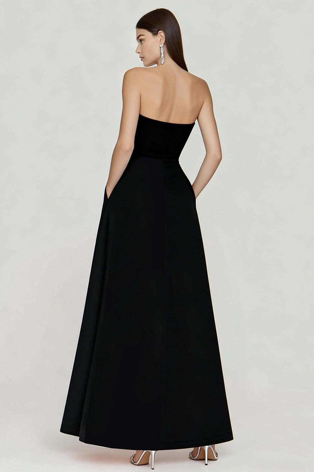 Black And White A Line Strapless Long Prom Dress With Slit