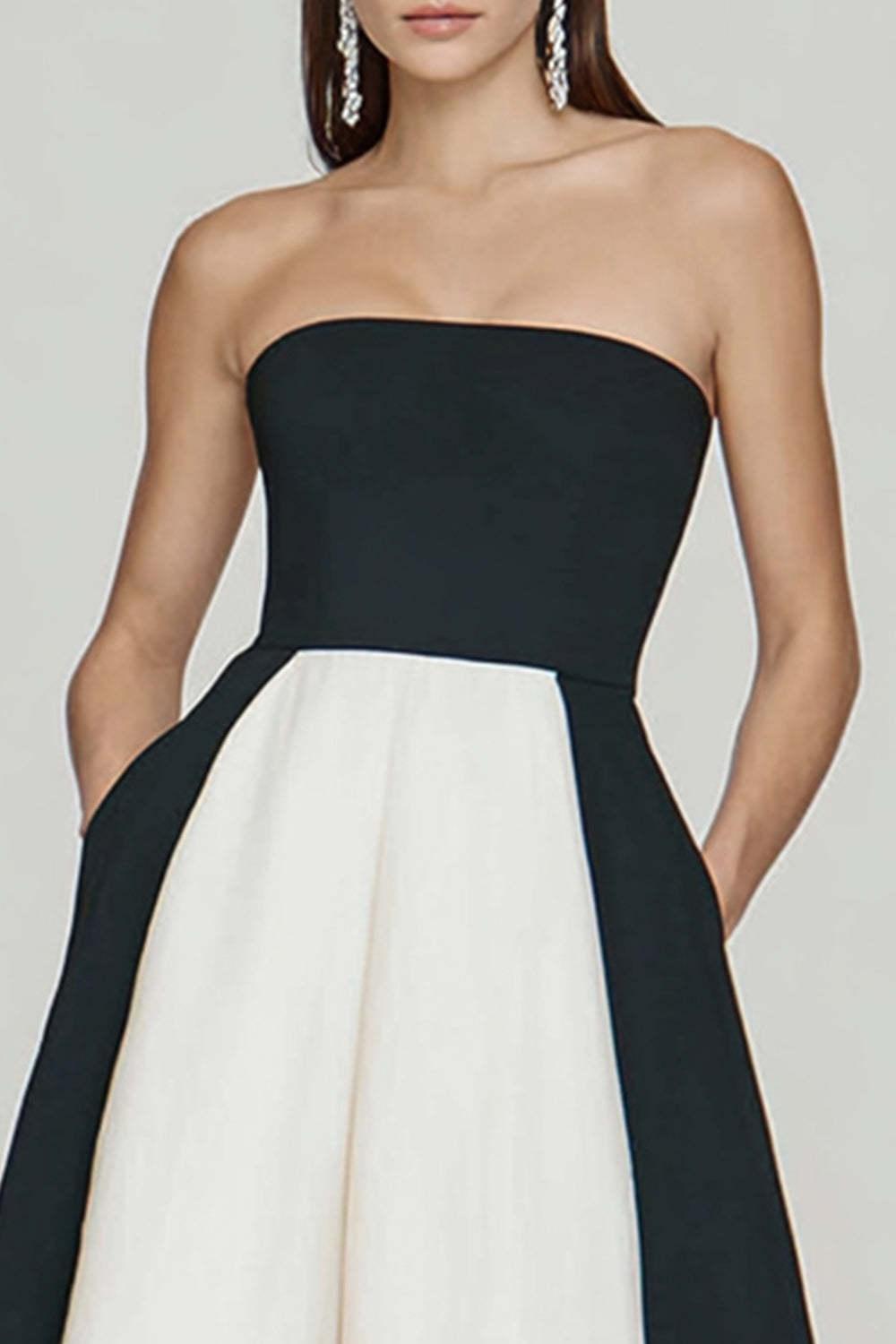 Black And White A Line Strapless Long Prom Dress With Slit