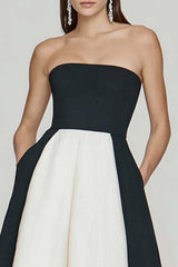 Black And White A Line Strapless Long Prom Dress With Slit