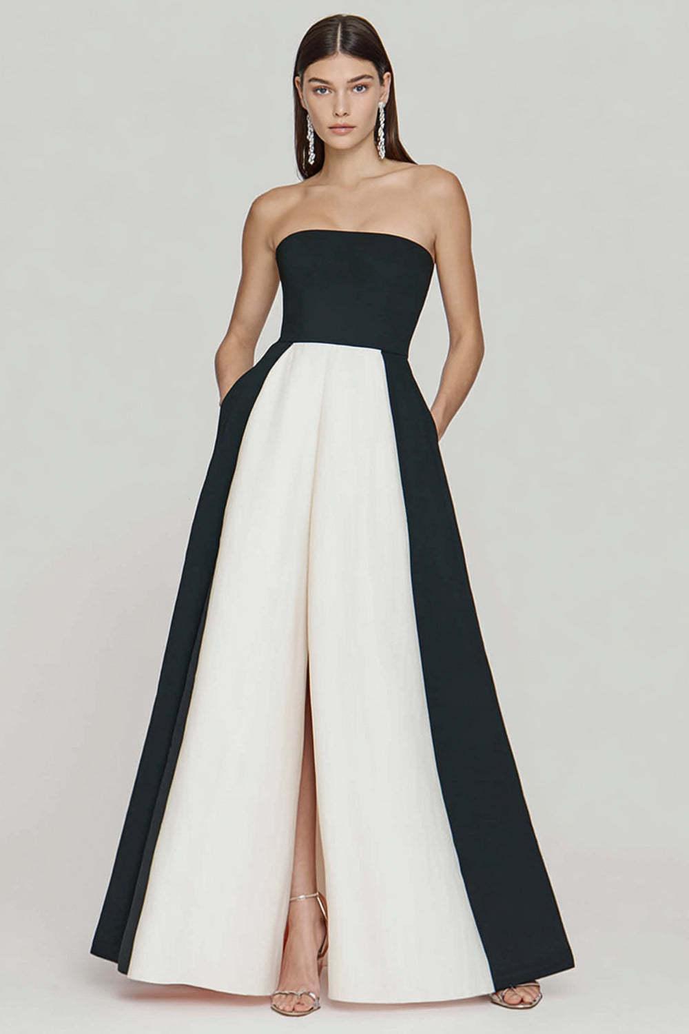 Black And White A Line Strapless Long Prom Dress With Slit