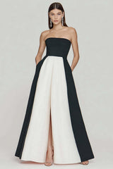 Black And White A Line Strapless Long Prom Dress With Slit