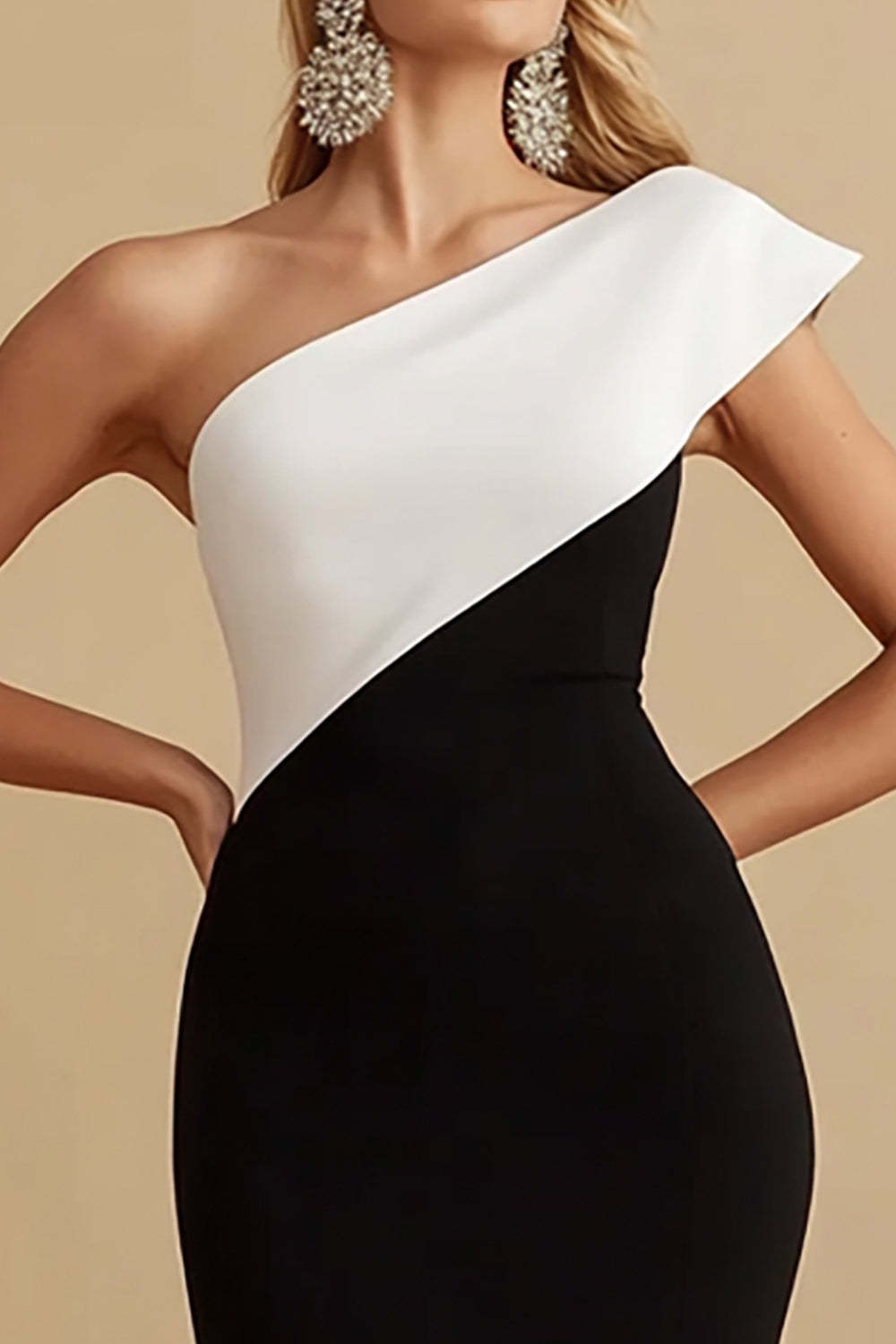 Black And White Mermaid One Shoulder Long Satin Evening Dress