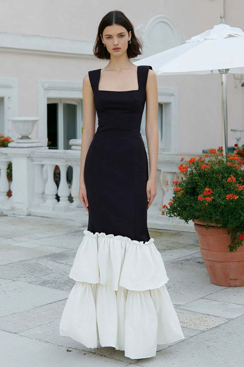 Black And White Mermaid Tiered Thick Straps Long Prom Dress