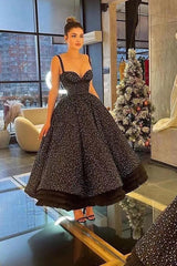 Black Ball Gown Prom Dress Sleeveless Spaghetti Straps Tea Length Sequined Evening Dress