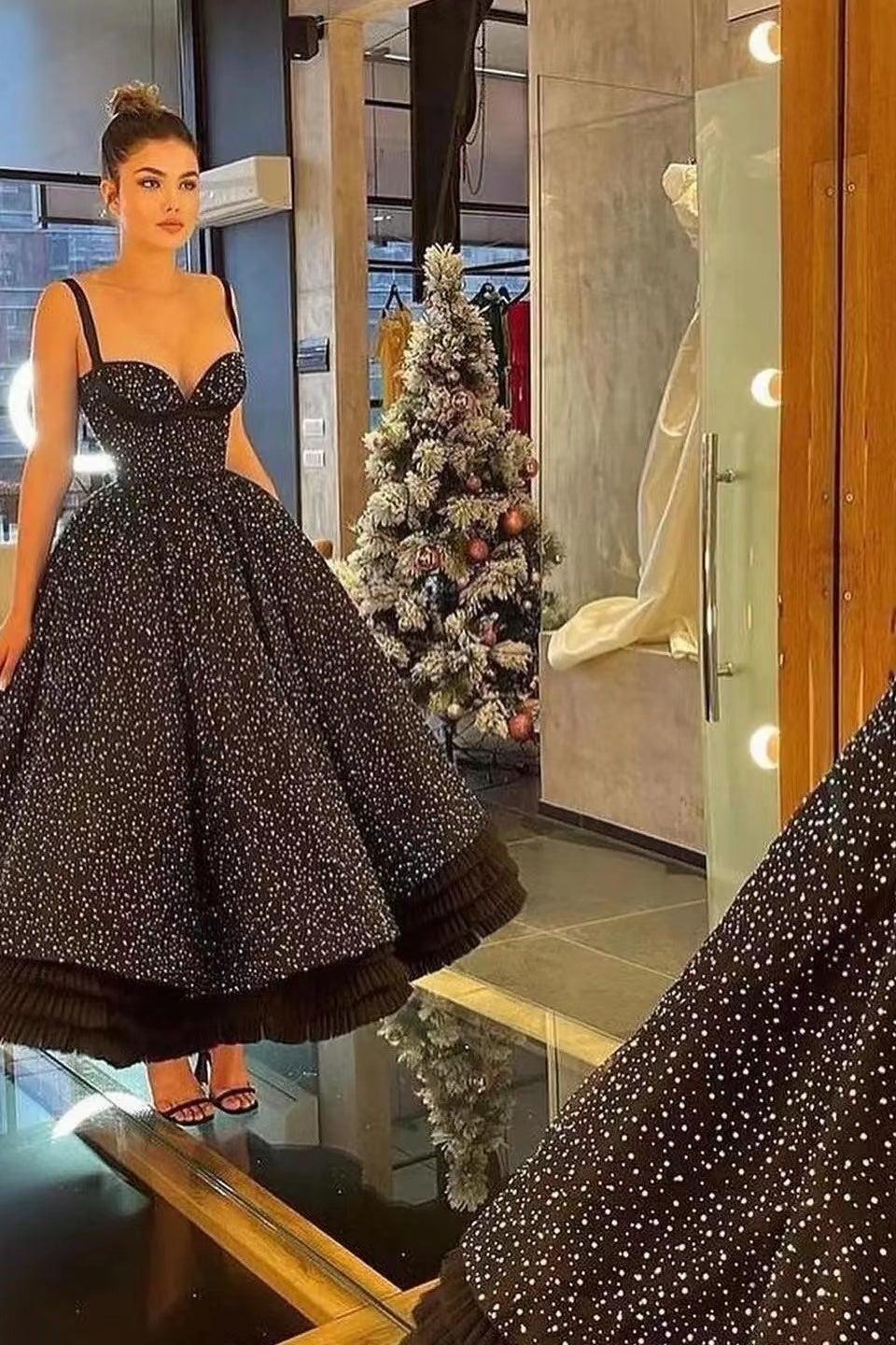 Black Ball Gown Prom Dress Sleeveless Spaghetti Straps Tea Length Sequined Evening Dress