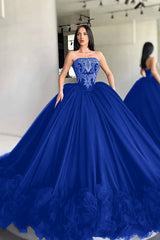 Black Ball Gown Prom Dress Sleeveless Strapless Evening Dress With Lace Appliques