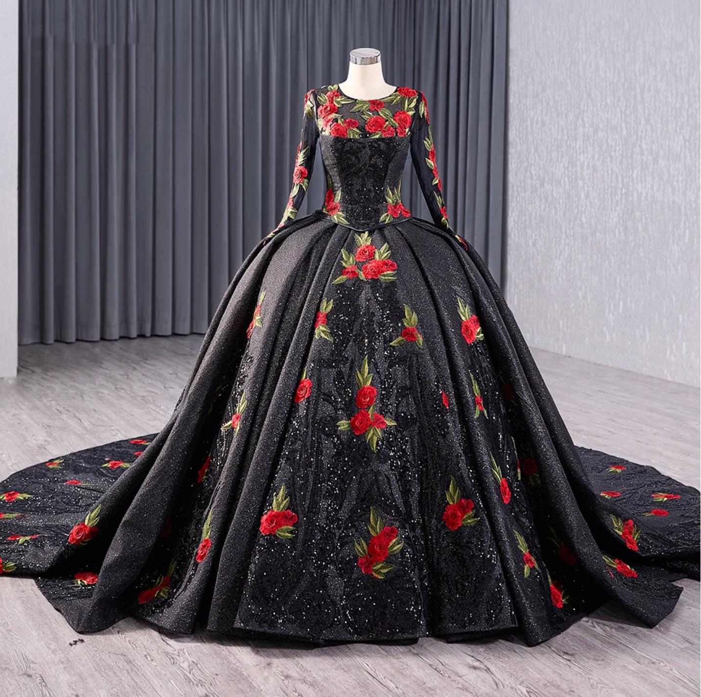 Black Ball Gown Quinceanera Dress Long Sleeves Red Rose Sweet 16 Dress