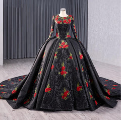 Black Ball Gown Quinceanera Dress Long Sleeves Red Rose Sweet 16 Dress
