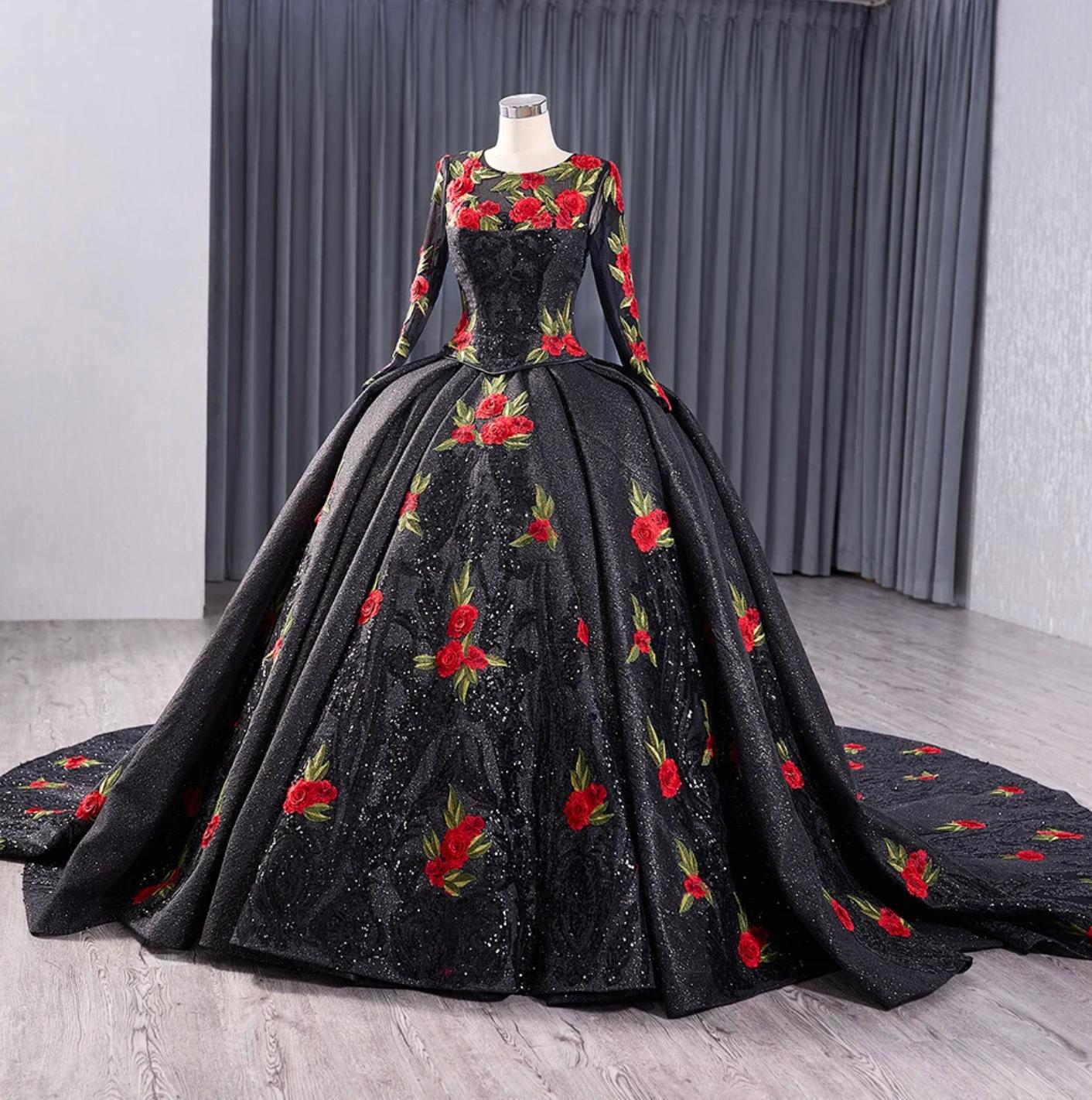 Black Ball Gown Quinceanera Dress Long Sleeves Red Rose Sweet 16 Dress