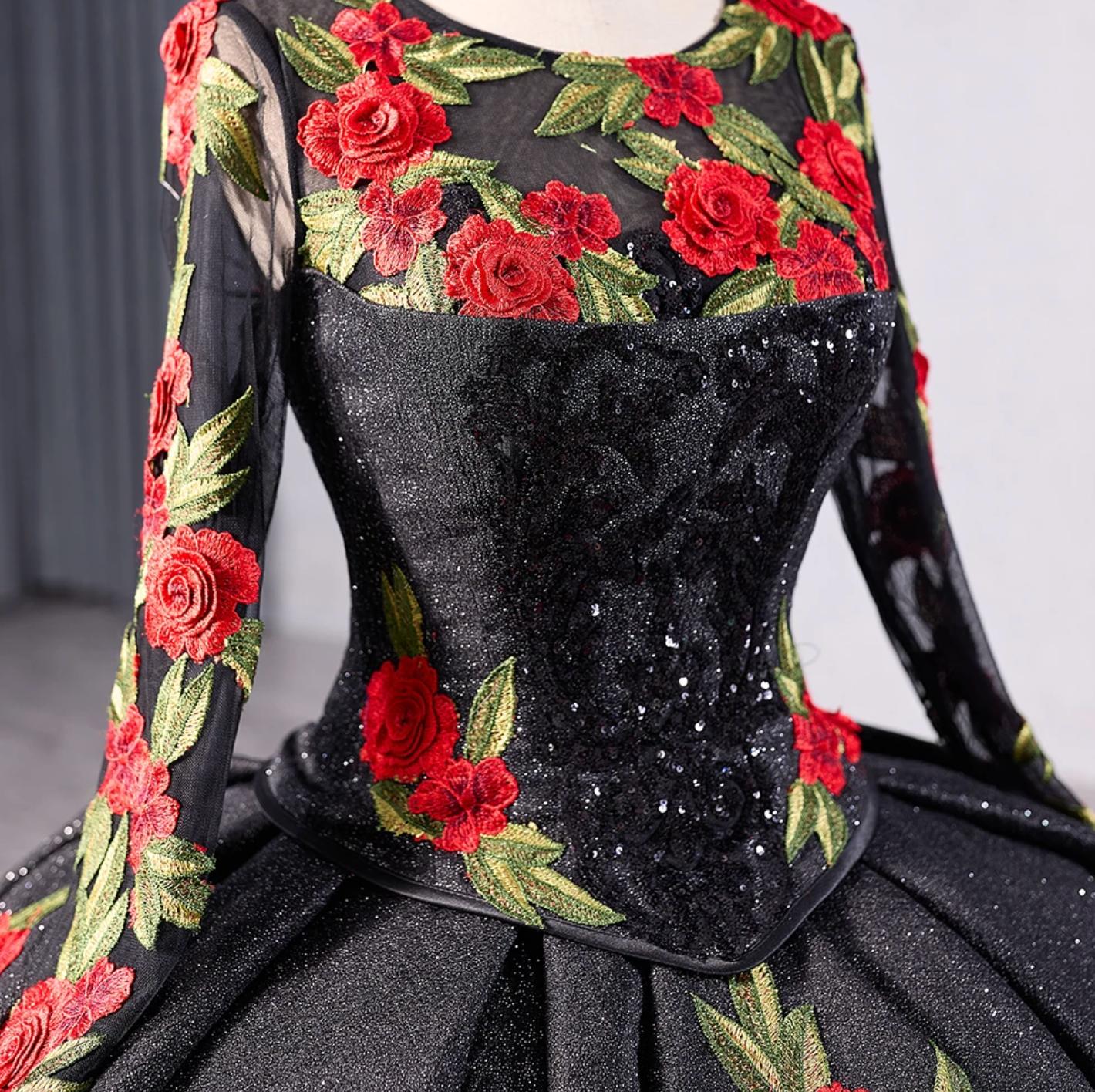 Black Ball Gown Quinceanera Dress Long Sleeves Red Rose Sweet 16 Dress