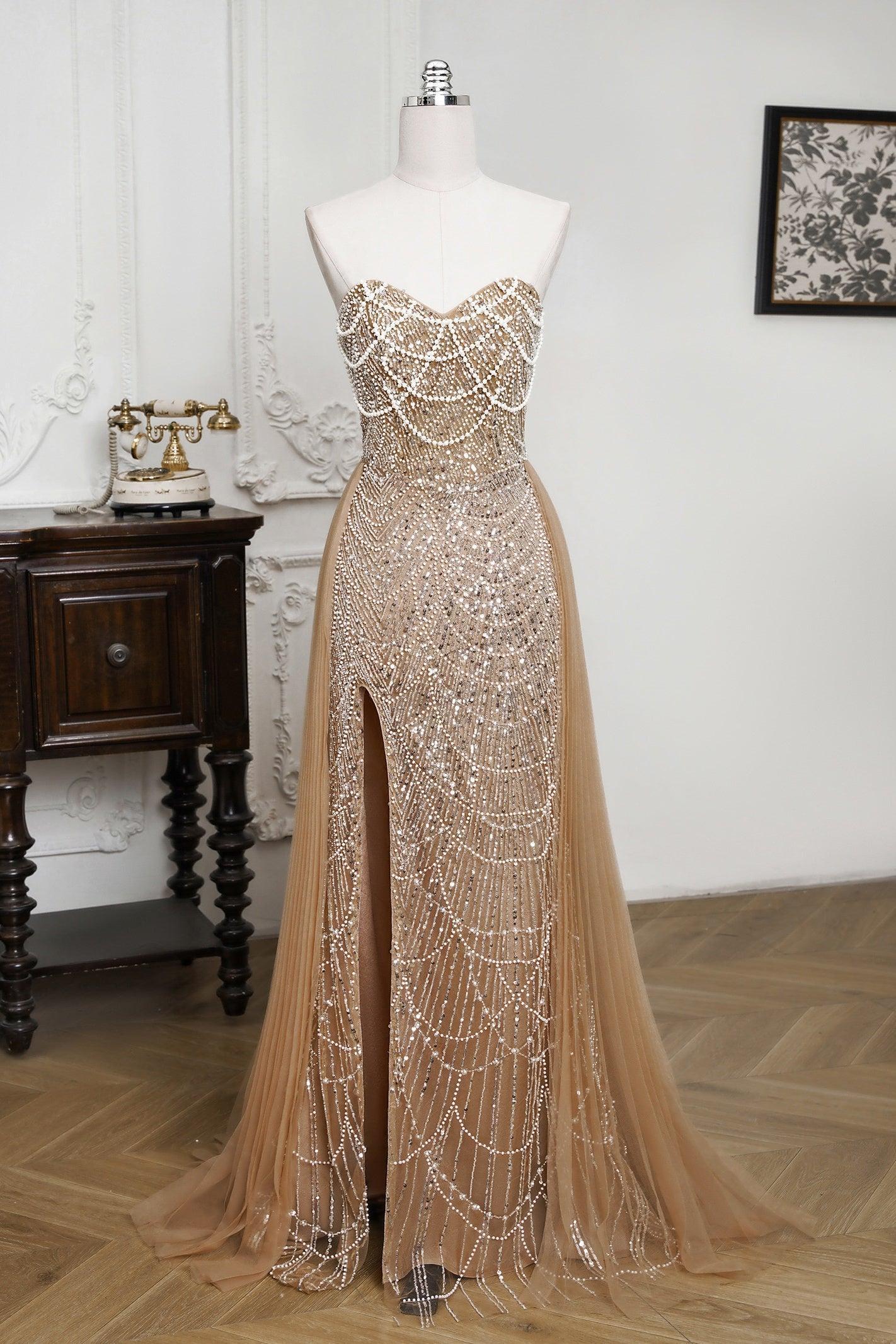 Black Beaded Formal Dress Strapless Sheath Wedding Party Dress with Panel Train