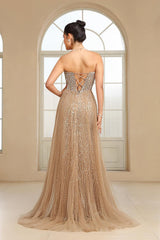 Black Beaded Formal Evening Dress Strapless Sheath Prom Wedding Party Dress with Panel Train