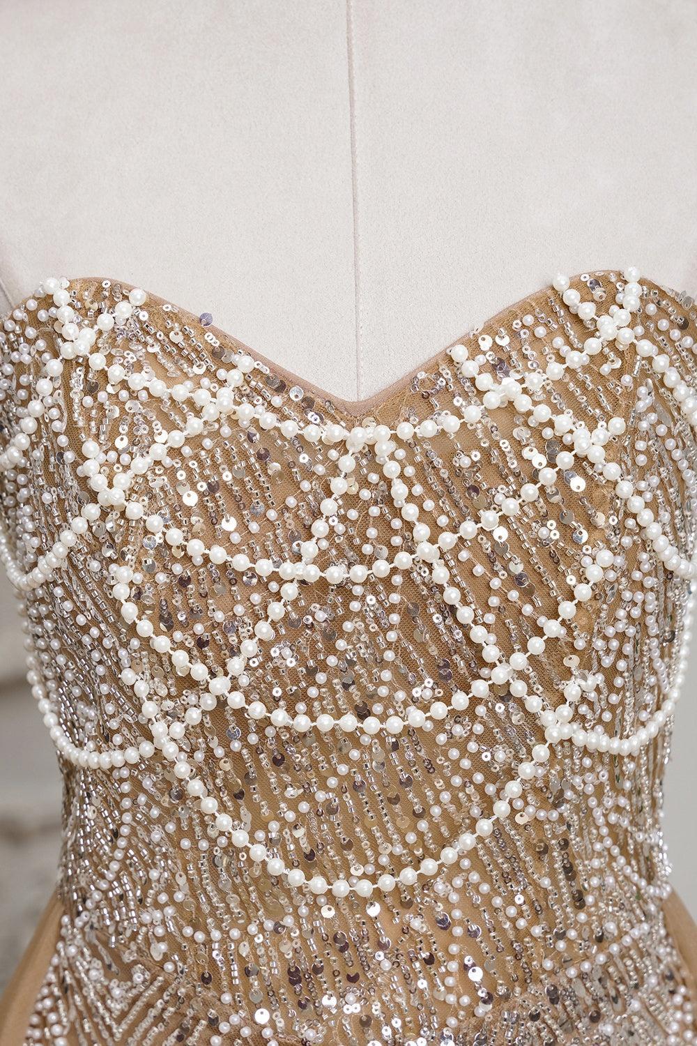 Black Beaded Formal Evening Dress Strapless Sheath Prom Wedding Party Dress with Panel Train