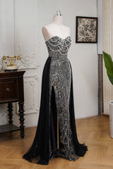 Black Beaded Formal Evening Dress Strapless Sheath Prom Wedding Party Dress with Panel Train