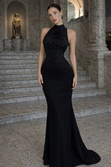 Black Beaded Mermaid Prom Dress with High Neck Halter