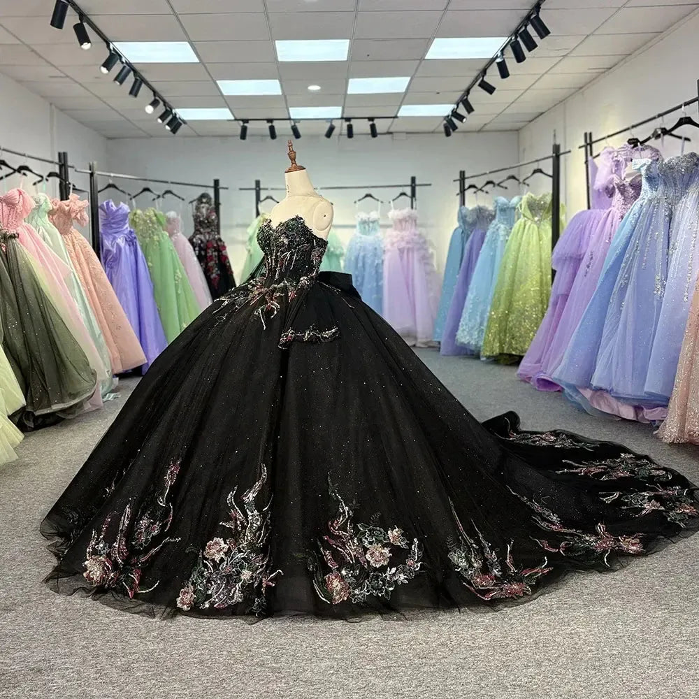 Black Beautiful Multi-Color Printed Bow Quinceanera Dress Beading Detachable Sleeves Sweet 16 Dress