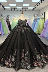 Black Beautiful Multi-Color Printed Bow Quinceanera Dress Beading Detachable Sleeves Sweet 16 Dress