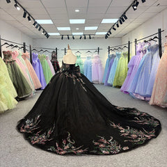 Black Beautiful Multi-Color Printed Bow Quinceanera Dress Beading Detachable Sleeves Sweet 16 Dress