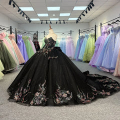 Black Beautiful Multi-Color Printed Bow Quinceanera Dress Beading Detachable Sleeves Sweet 16 Dress