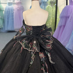 Black Beautiful Multi-Color Printed Bow Quinceanera Dress Beading Detachable Sleeves Sweet 16 Dress