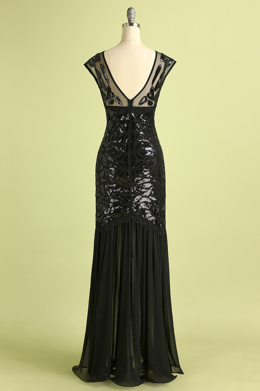 Black Cap Sleeves Flapper Long 1920s Evening Dress
