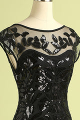 Black Cap Sleeves Flapper Long 1920s Evening Dress