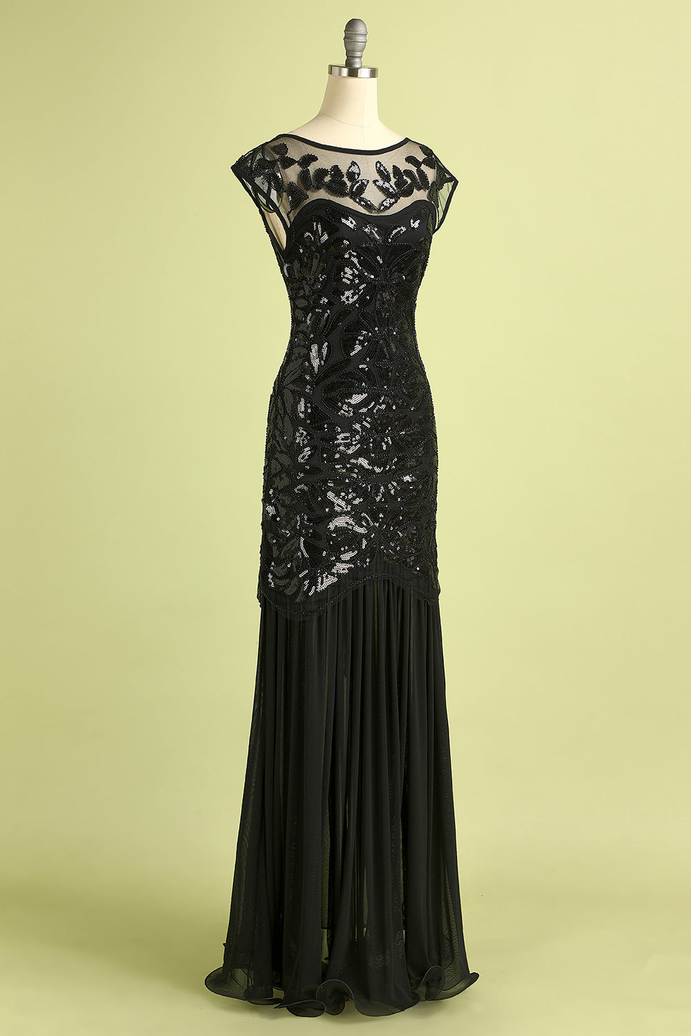 Black Cap Sleeves Flapper Long 1920s Evening Dress