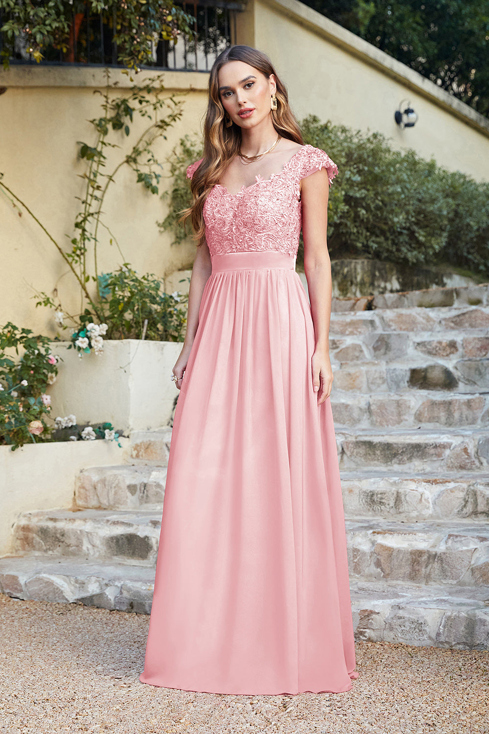 Black Chiffon Lace Bridesmaid Dress Cap Sleeve Formal Dress