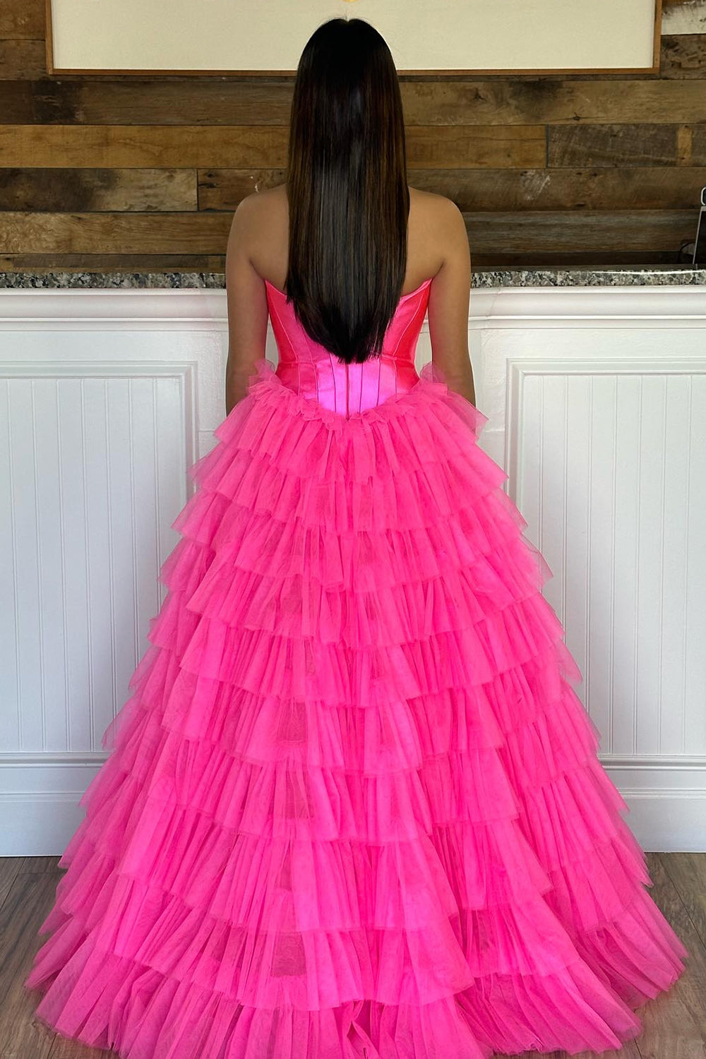 Black Corset Prom Dress Sweetheart A-Line Tiered Long Tulle Evening Dress with Slit