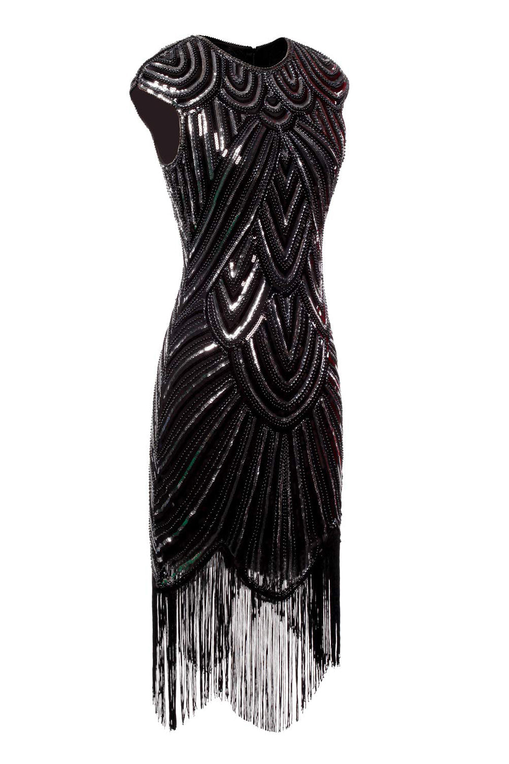 Black Gatsby Glitter Cape Sleeves Fringe 1920s Dress
