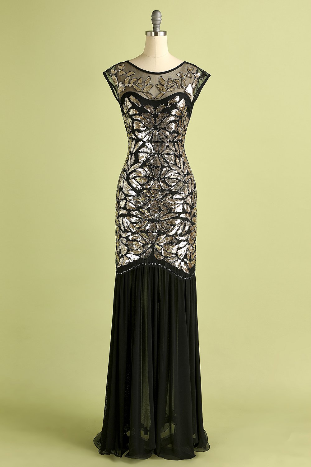 Black Gold 1920s Cap Sleeves Long Flapper Evening Dress