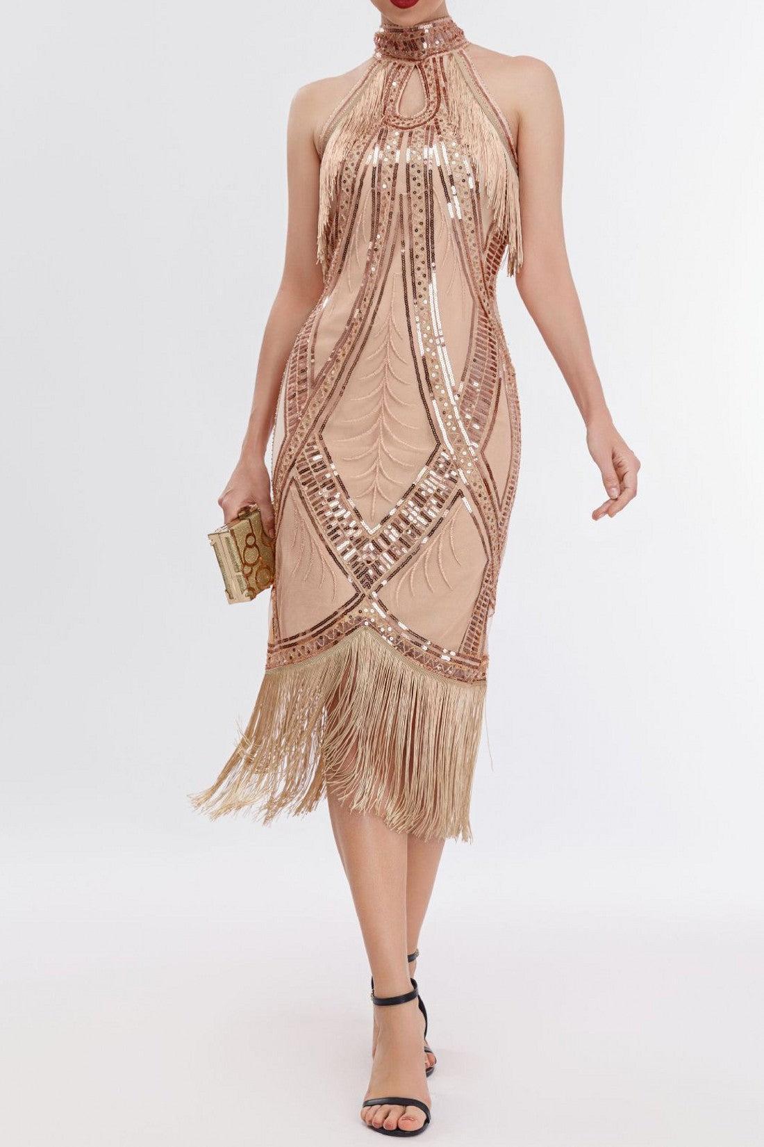 Black Gold 1920s Dress Keyhole Sequin Fringe Gatsby Dress