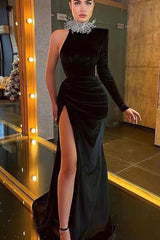 Black High Neck Velvet Evening Dress One Shoulder Mermaid Christmas Party Dress