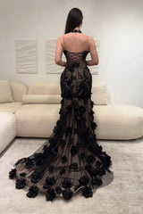 Black Illusion Floral Halter Mermaid Prom Dress With 3D Appliques Formal Evening Gown