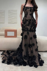 Black Illusion Floral Halter Mermaid Prom Dress With 3D Appliques Formal Evening Gown
