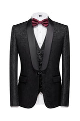 Black Jacquard Shawl Lapel Three Piece Wedding Suit for Men
