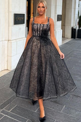 Black Lace A Line Prom Dress with Square Neck and 3D Flower