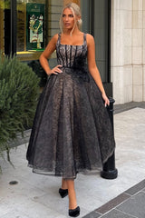 Black Lace A Line Prom Dress with Square Neck and 3D Flower